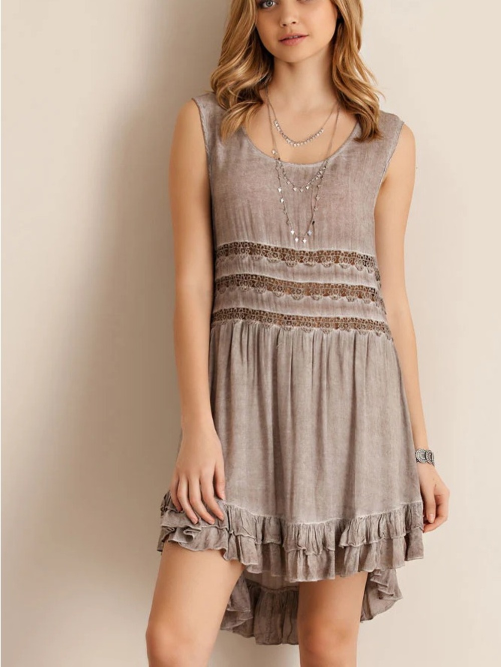 Entro Faded Acid Wash Mocha Ruffle Lace Dress